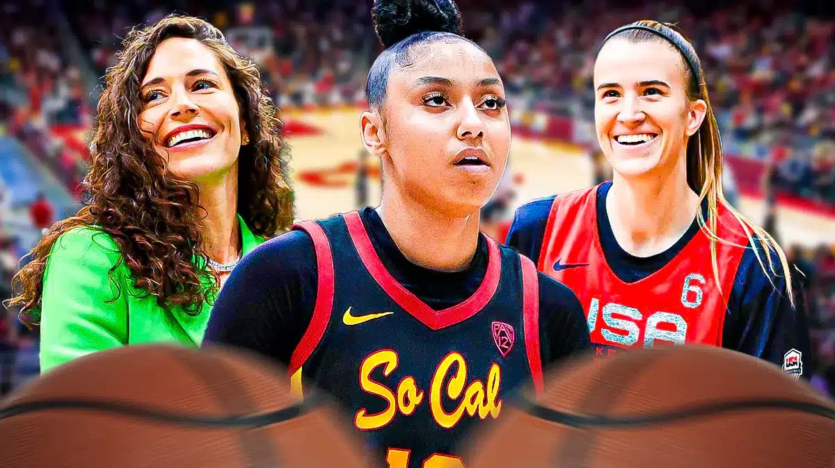 JuJu Watkins with Sabrina Ionescu on one side of her and Sue Bird on the other side with the USC arena in the background