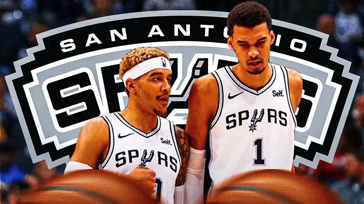 Victor Wembanyama and Jeremy Sochan in image, SA Spurs logo, basketball court in background