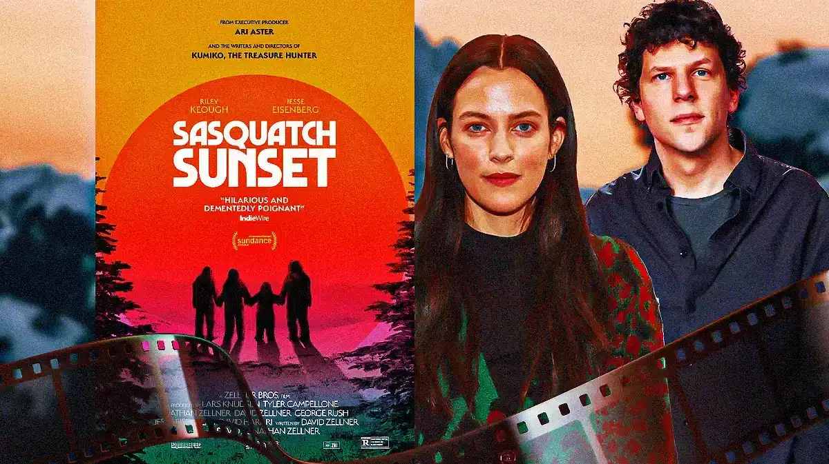 Sasquatch Sunset poster with Riley Keough and Jesse Eisenberg.