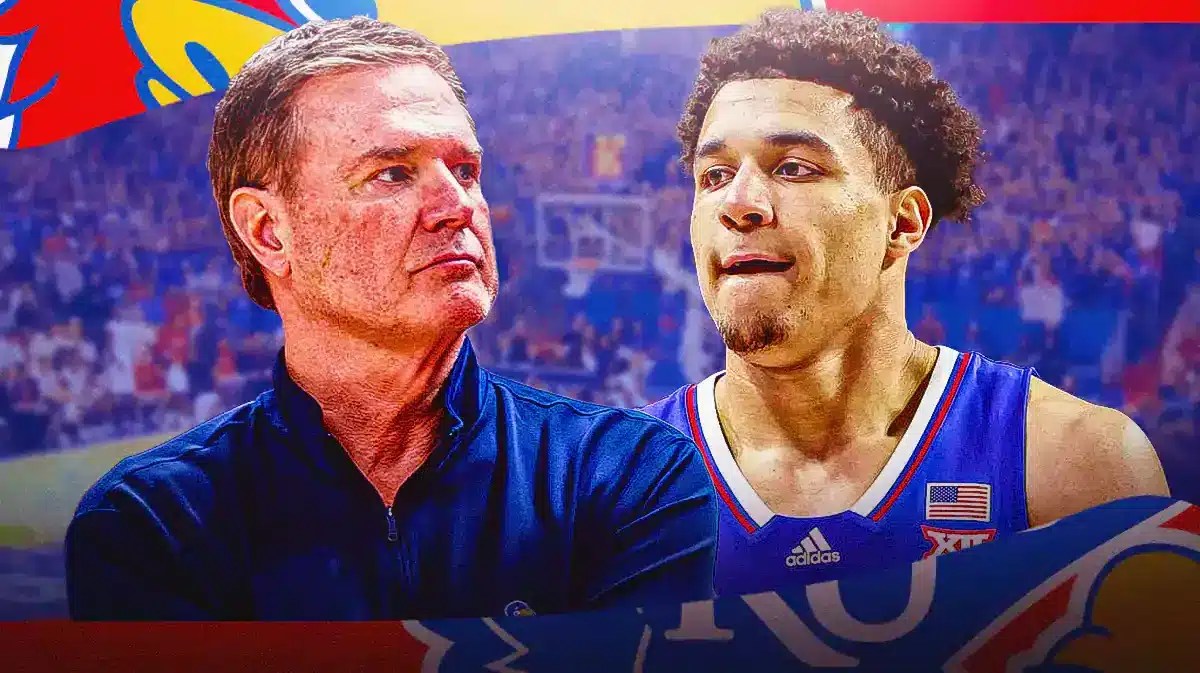 Bill Self alongside Kevin McCullar Jr. with the Kansas Jayhawks arena in the background, injury