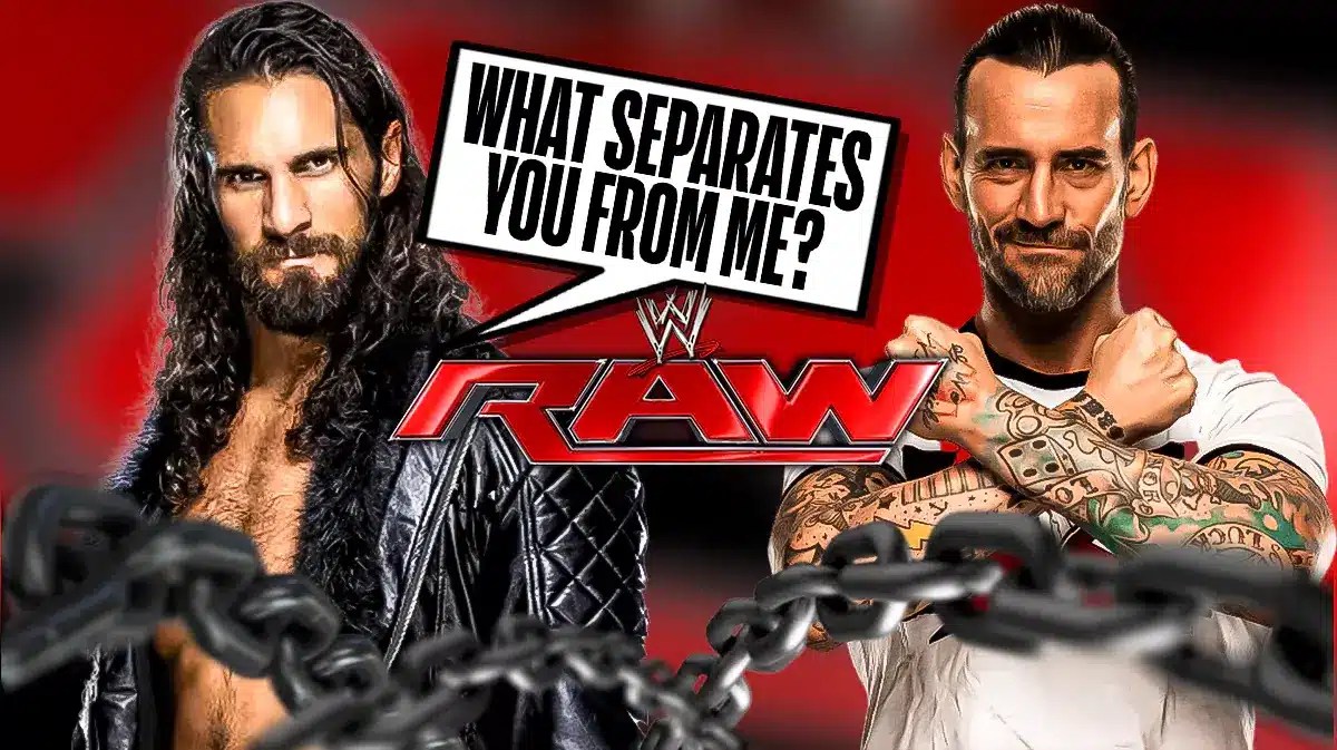 Seth Rollins with a text bubble reading “What separates you from me?” next to CM Punk with the RAW logo as the background.