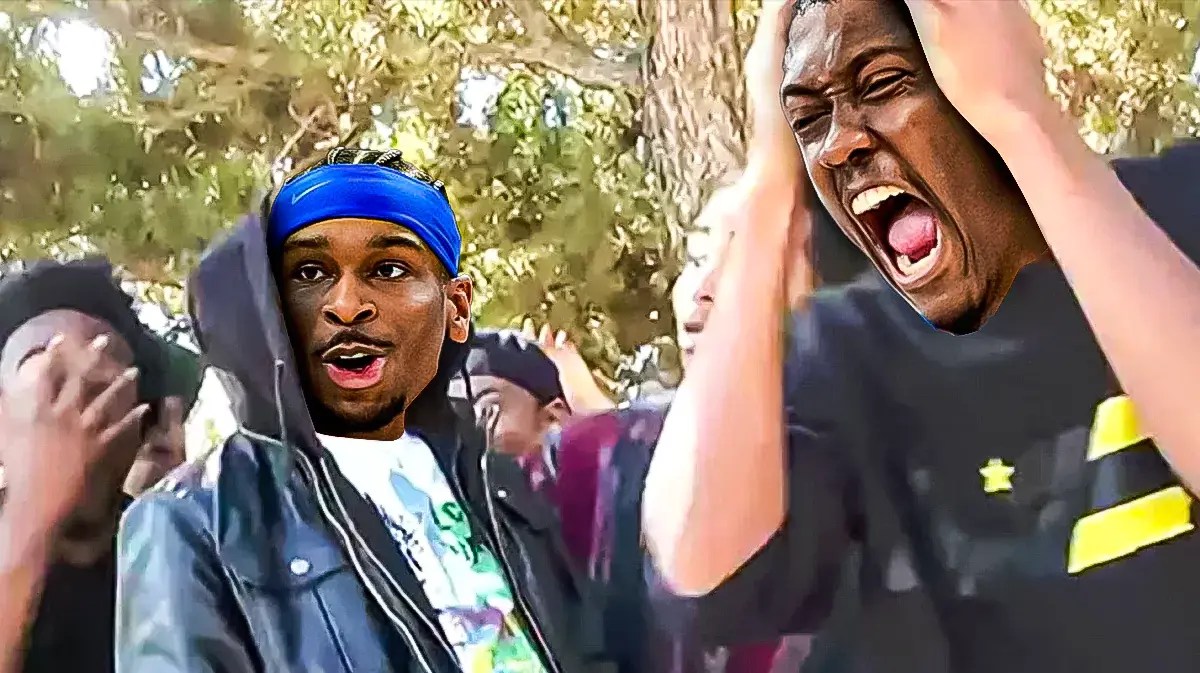 Shai Gilgeous-Alexander (Thunder) as the guy in the hoodie and JALEN WILLIAMS (Thunder) as the guy with hands on his head on the RIGHT