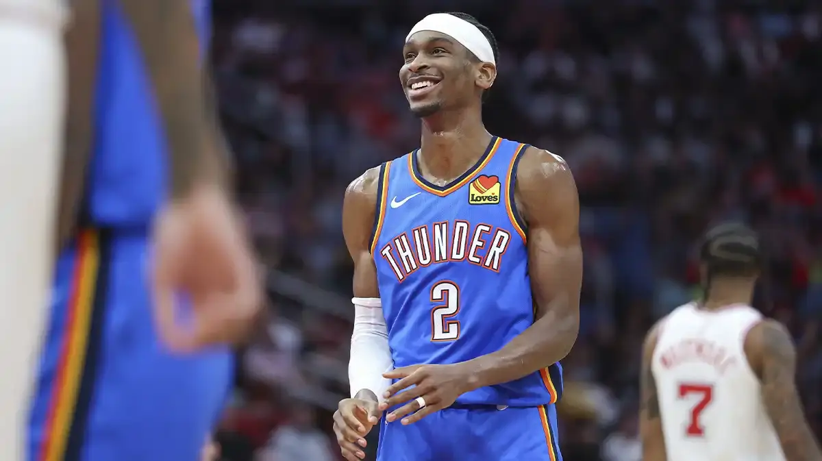 Oklahoma City Thunder guard Shai Gilgeous-Alexander (2) smiles after a play during the third quarter against the Houston Rockets at Toyota Center.