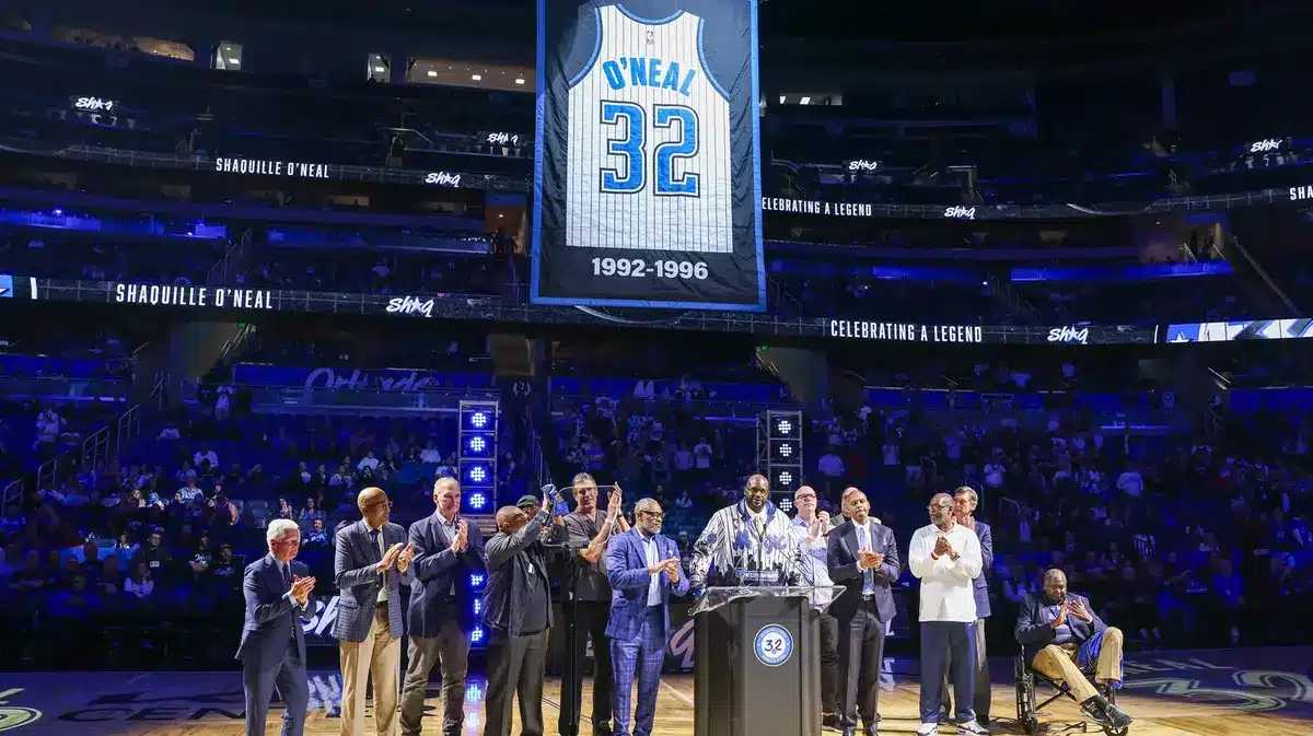 Orlando Magic retires jersey #32 Shaquille O'Neal during a ceremony after the Oklahoma City Thunder game at Amway Center.