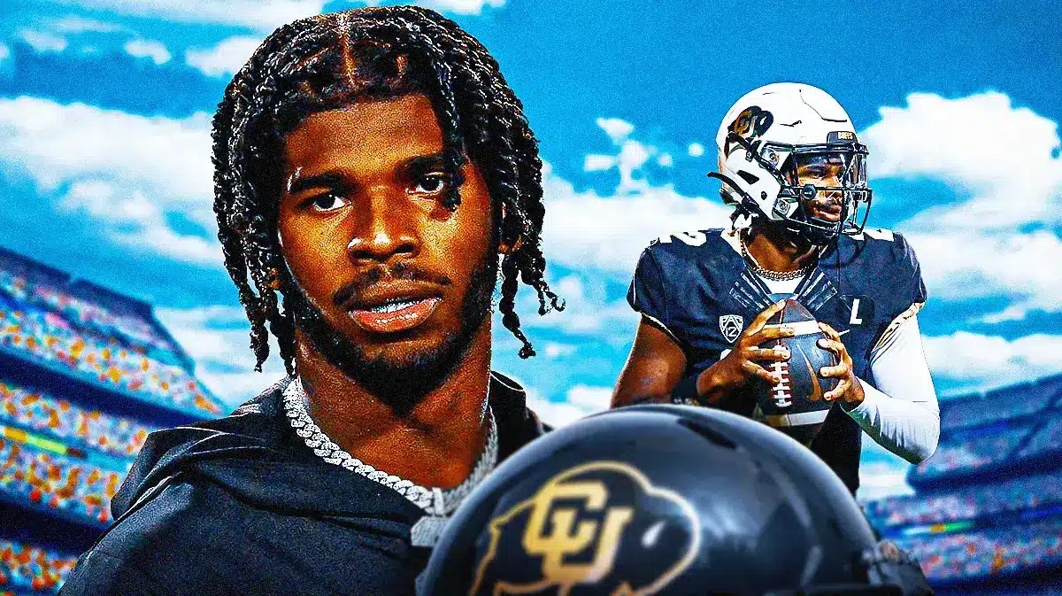 Colorado football star Shedeur Sanders in front of Folsom field.