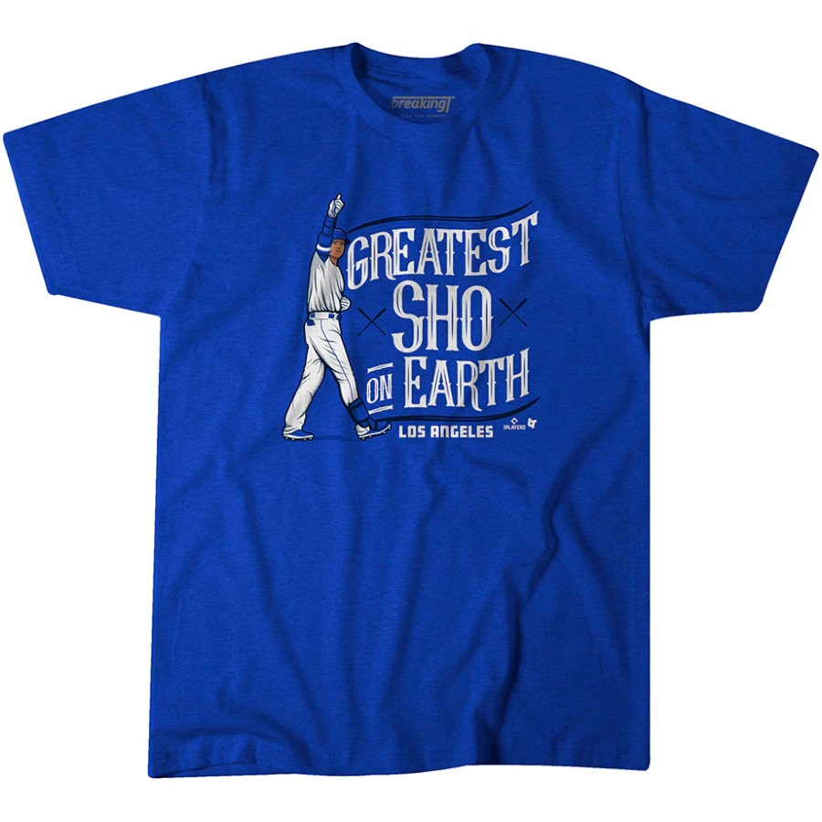 Shohei Ohtani:  LA's Greatest Sho on Earth T-Shirt - Royal Blue color on a white background.