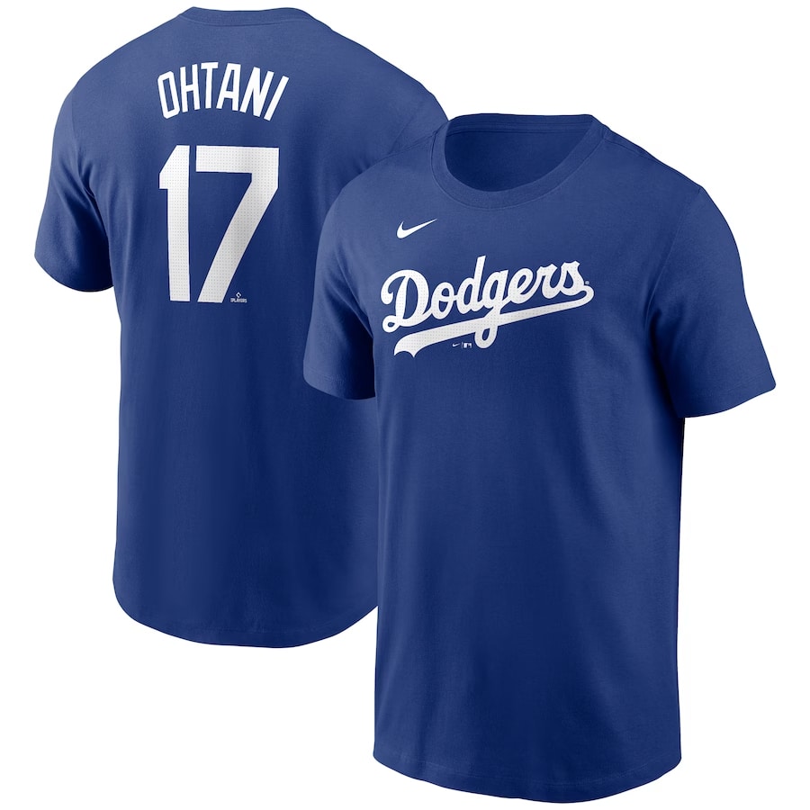 Shohei Ohtani Los Angeles Dodgers Nike 2024 Fuse Name & Number T-Shirt – Royal color on a white background.