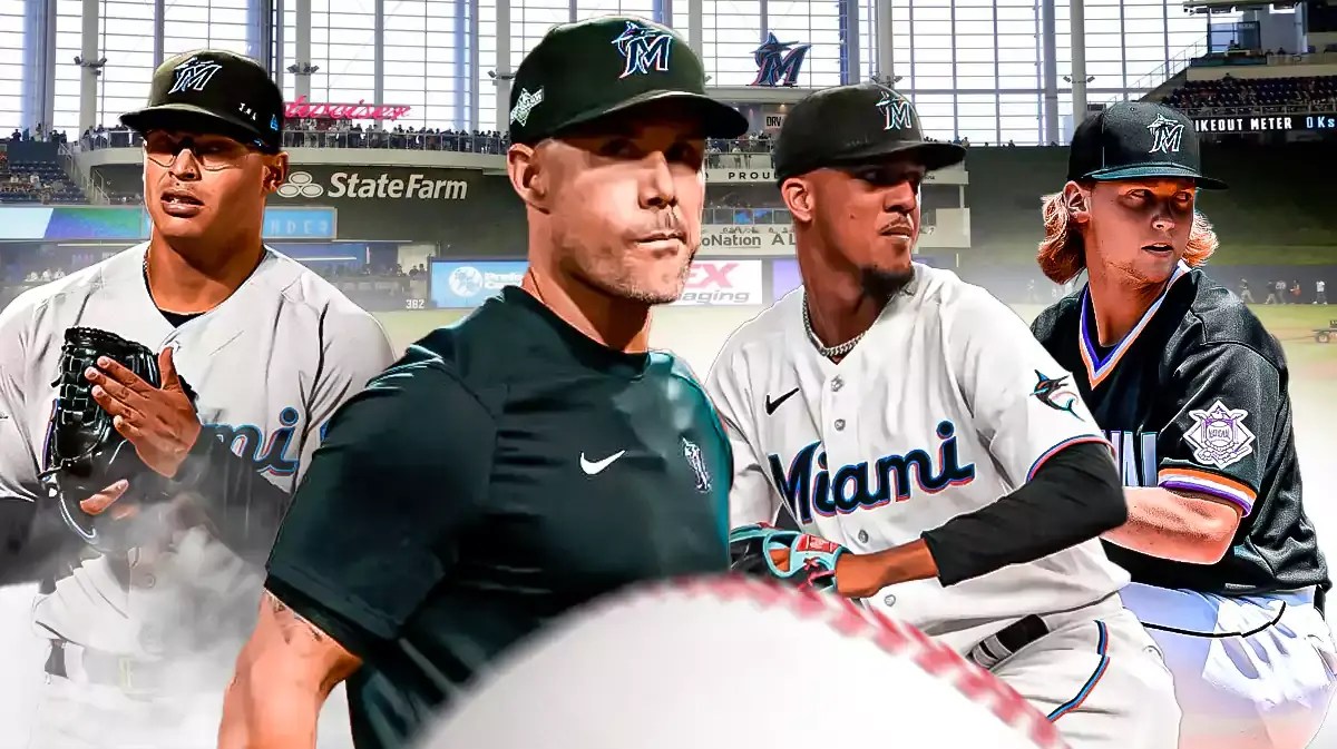 Marlins' Jesus Luzardo, Skip Schumaker, Eury Perez, and Max Meyer