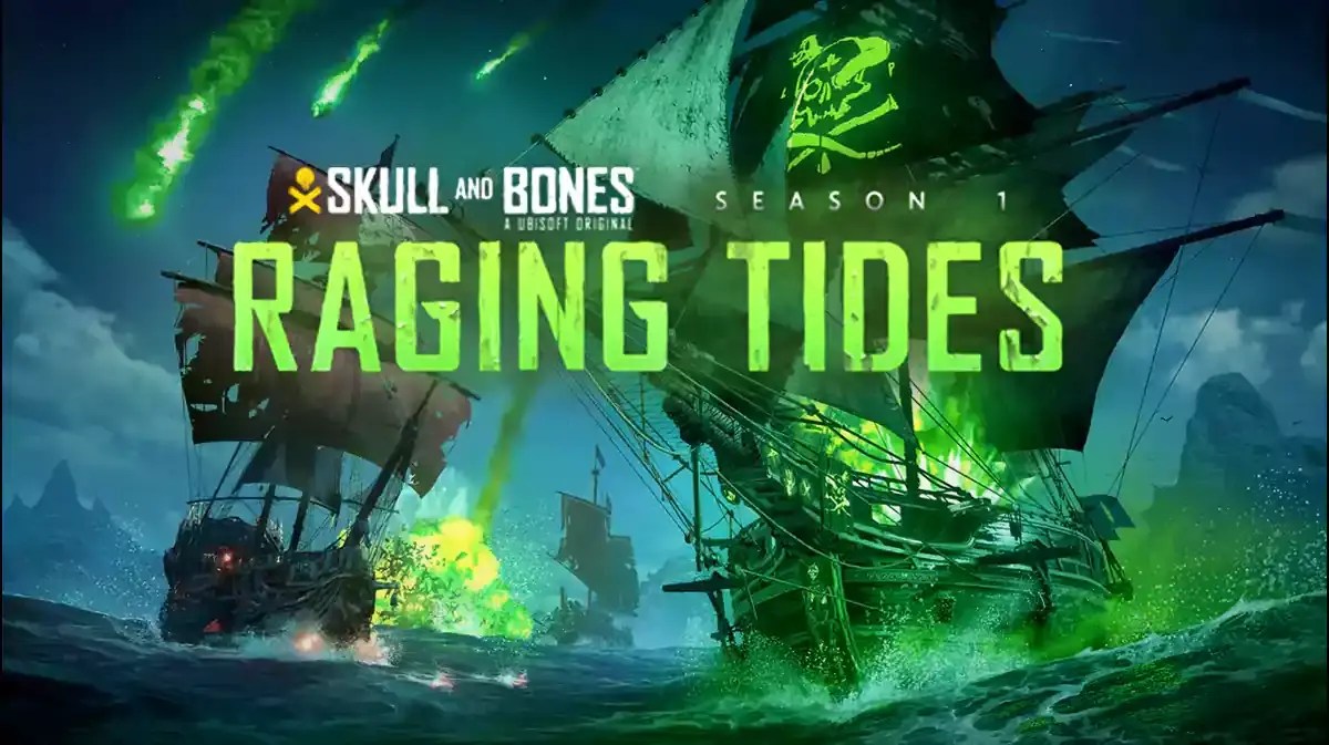 Skull and Bones Season 1 Raging Tides Key Visual Two Ships in green with green meteors