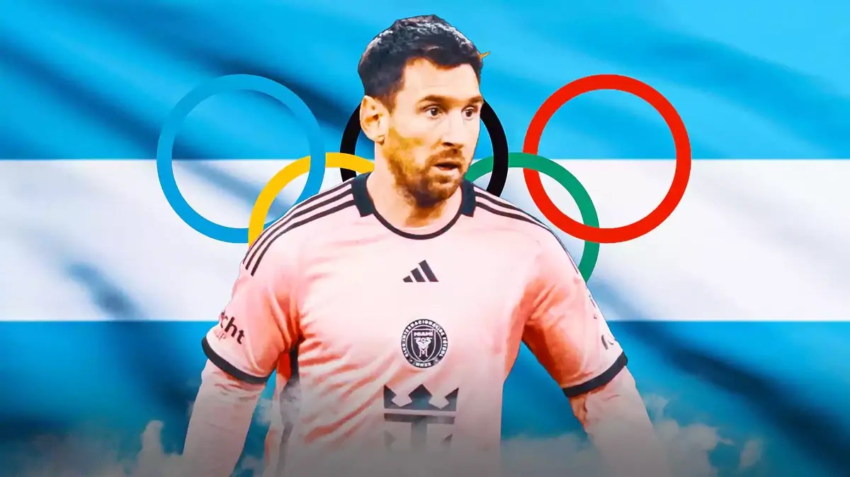 Lionel Messi in front of the Olympics rings, the Argentine flag in the back