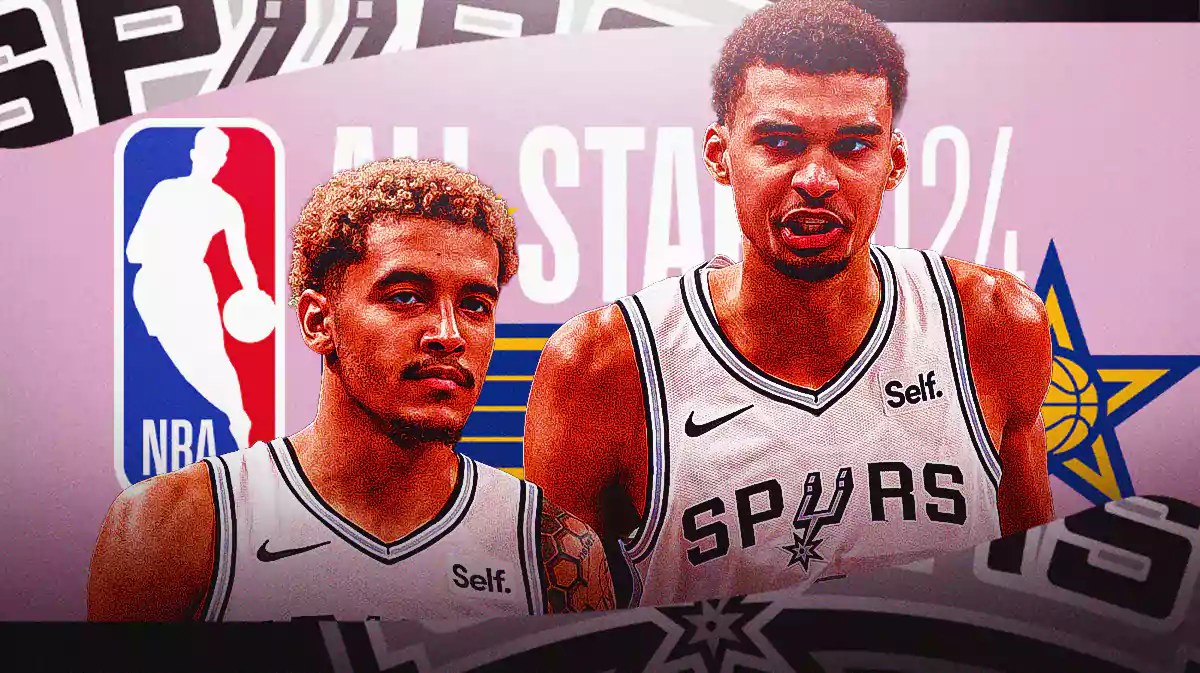 Victor Wembanyama opposite Jeremy Sochan with the NBA All-Star 2024 logo in the background, Rising Stars, Spurs