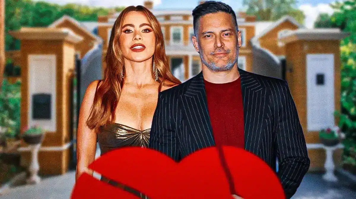 Sofia vergara and Joe Manganiello with a mansion behind them