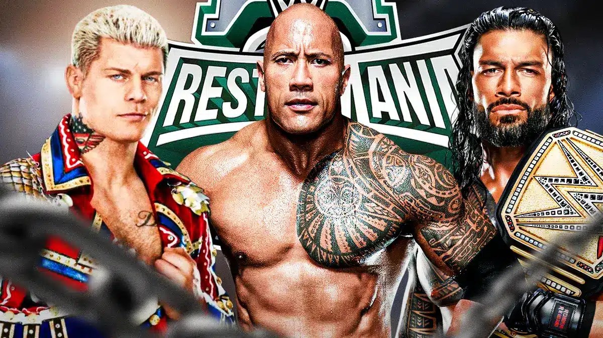 WWE stars Cody Rhodes, Dwayne The Rock Johnson, and Roman Reigns in front of WrestleMania 40 logo.
