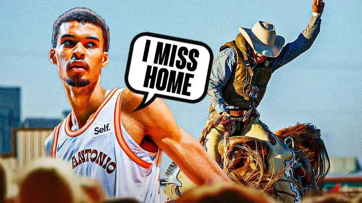 Spurs' Victor Wembanyama with a speech bubble “I Miss Home” next to a rodeo bucking bronco