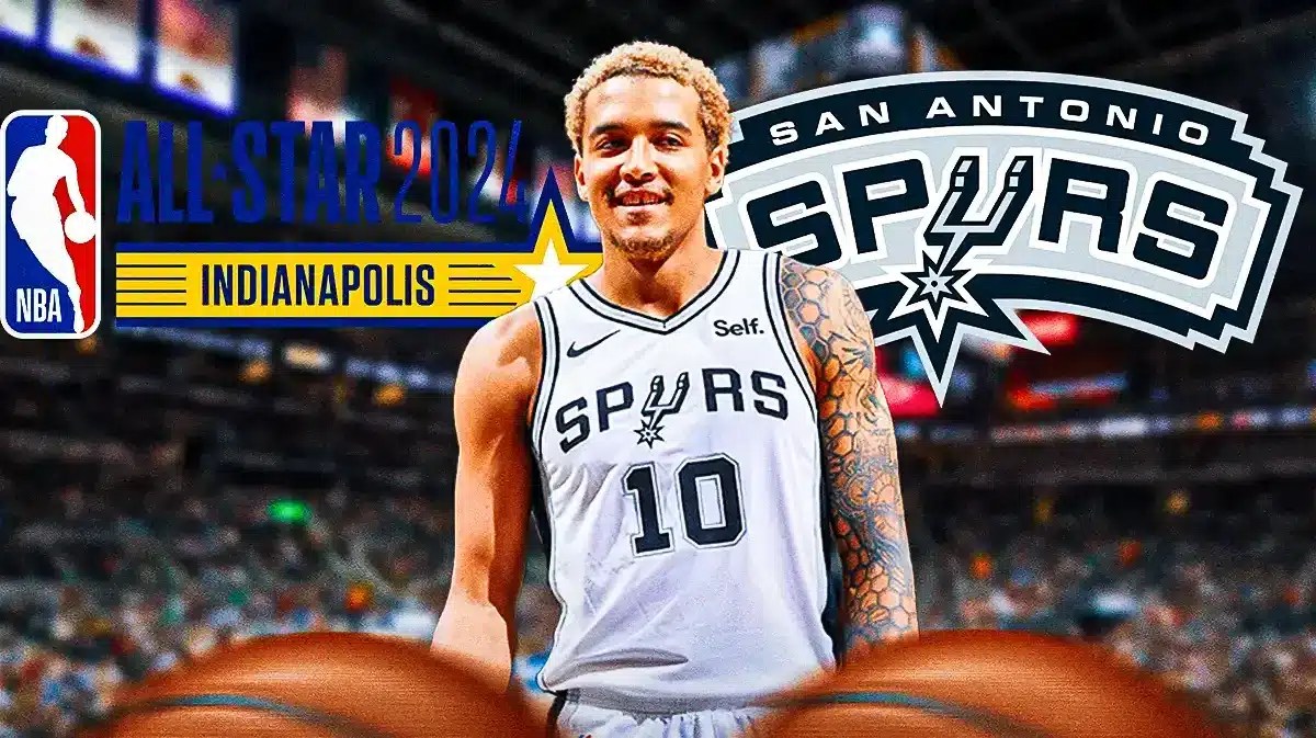 Jeremy Sochan in middle of image looking happy, Spurs logo and All-Star logo, basketball court in background