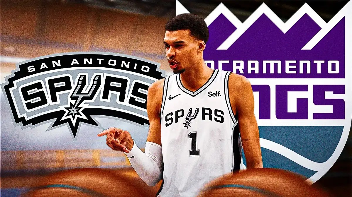 Victor Wembanyama in middle looking stern, SA Spurs and SAC Kings logos, basketball court in background