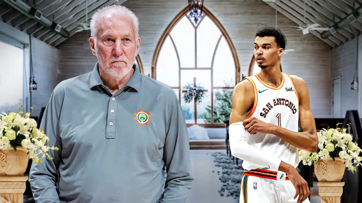 Gregg Popovich alongside Victor Wembanyama, have the background be a wedding chapel, Spurs