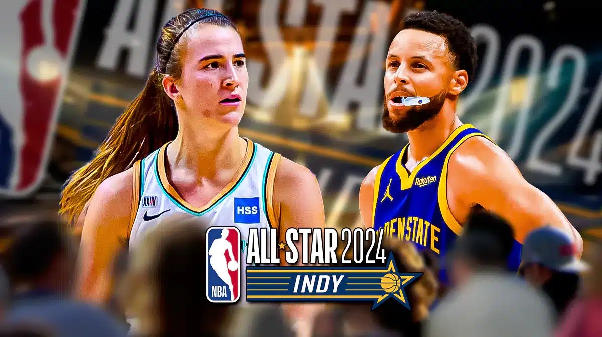 Stephen Curry alongside Sabrina Ionescu with the 2024 NBA All-Star logo in the background, Warriors