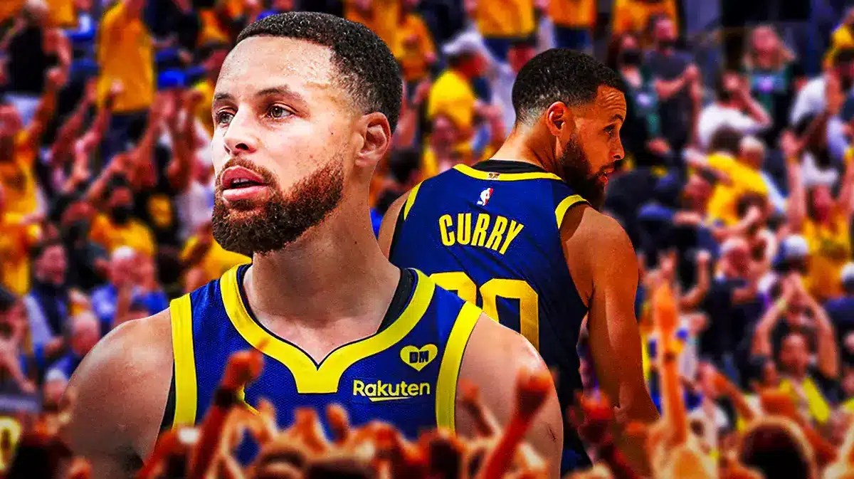 Warriors Stephen Curry in front looking serious. Place Warriors fans in background cheering.