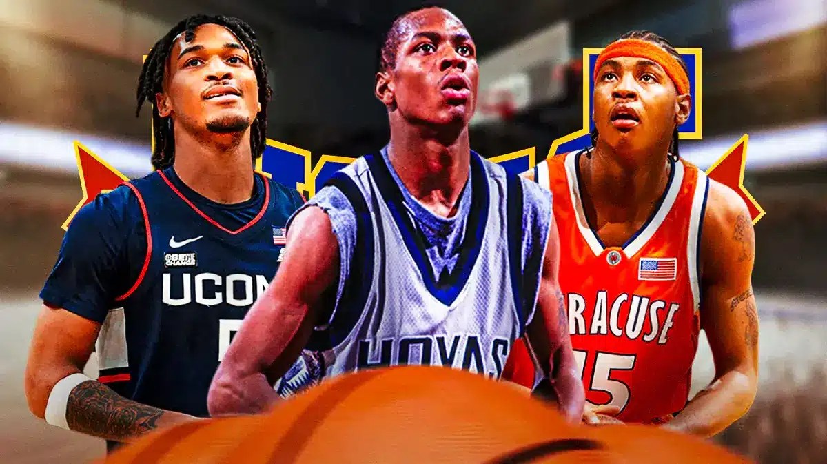 Stephon Castle. Allen Iverson in a Georgetown uniform, Carmelo Anthony in a Syracuse uniform. Big East conference logo in background