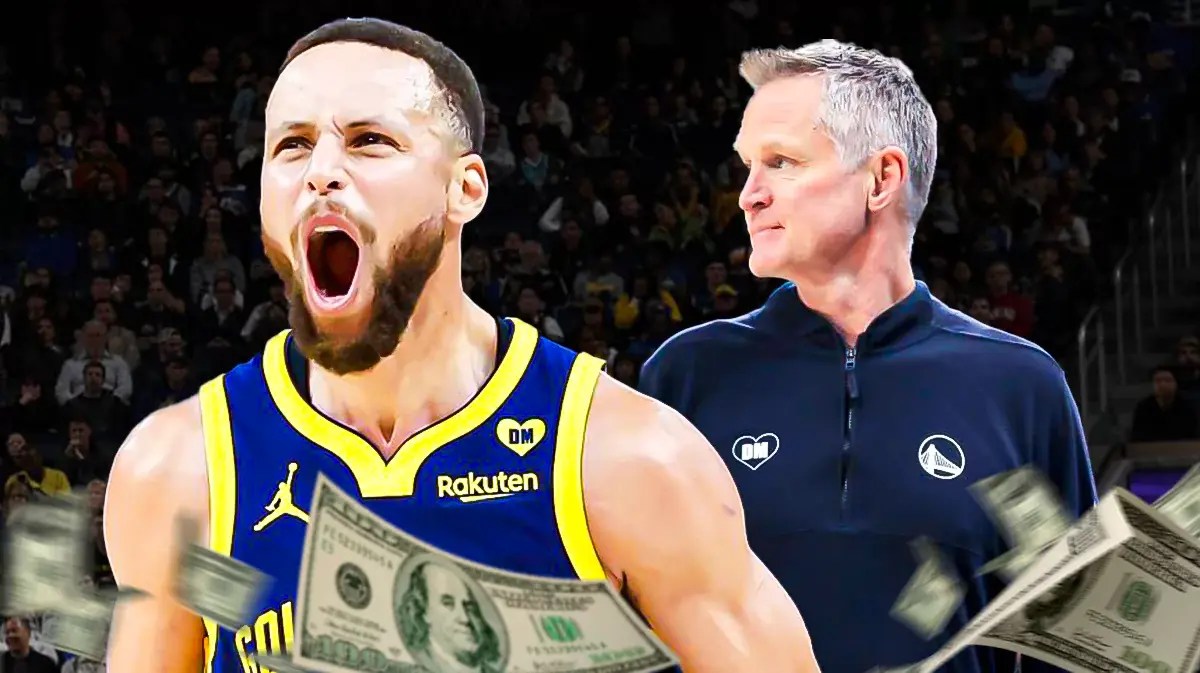 Stephen Curry in Golden State Warriors Jersey, Steve Kerr in coaching uniform