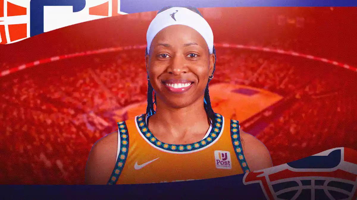 Shey Peddy in a Connecticut Sun jersey with the Sun arena in the background