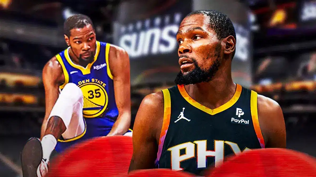 Photo: Kevin Durant looking serious in Suns jersey, another photo beside of him tearing his Achilles in 2019 in Warriors jersey