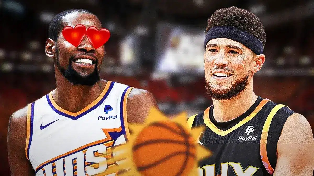 Kevin Durant with yeart eyes looking at Devin Booker