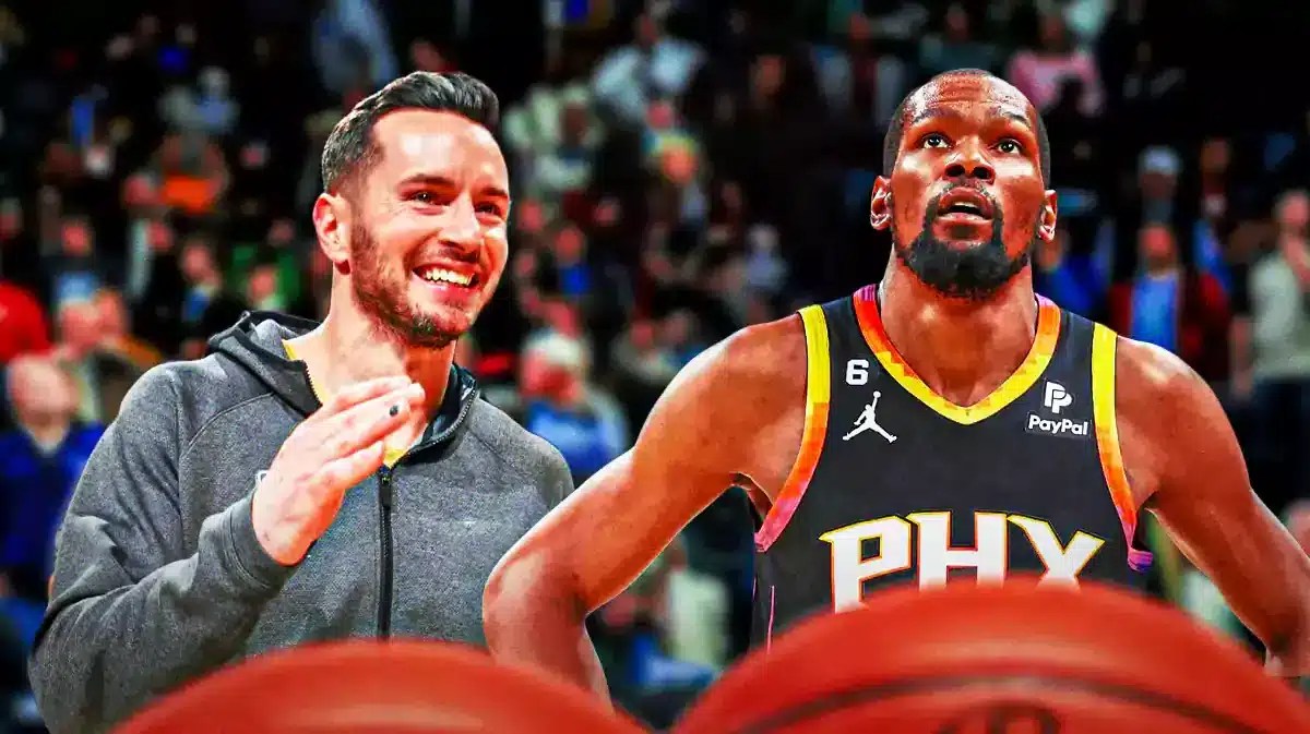 Kevin Durant (Suns uniform) and JJ Redick (normal clothes) both smiling in image.