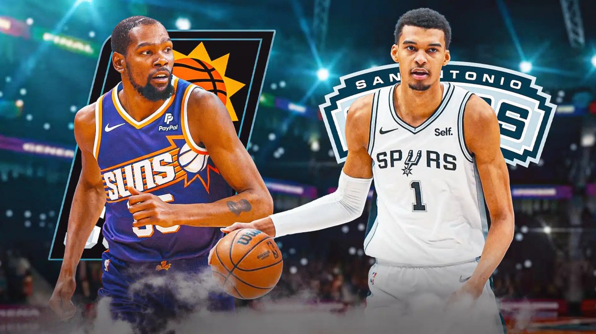 Kevin Durant opposite Victor Wembanyama with the Suns and Spurs logos in the background