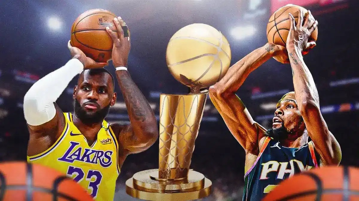 NBA Finals trophy in middle. Lakers' LeBron James shooting a basketball on left. Suns' Kevin Durant shooting a basketball on right.