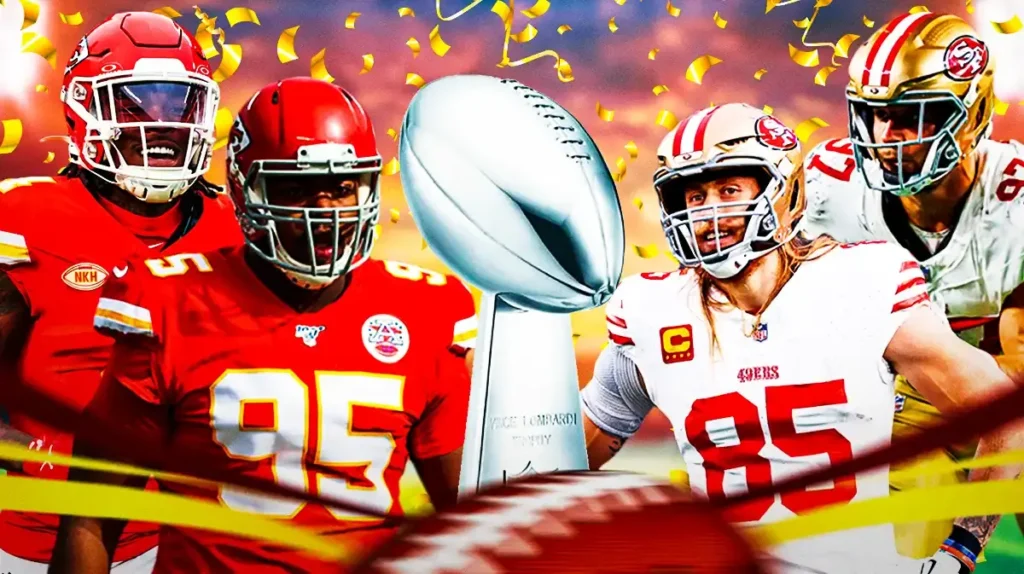 Super Bowl 58 MVP candidates, including Chiefs Chris Jones and Rashee Rice, and 49ers George Kittle and Nick Bosa
