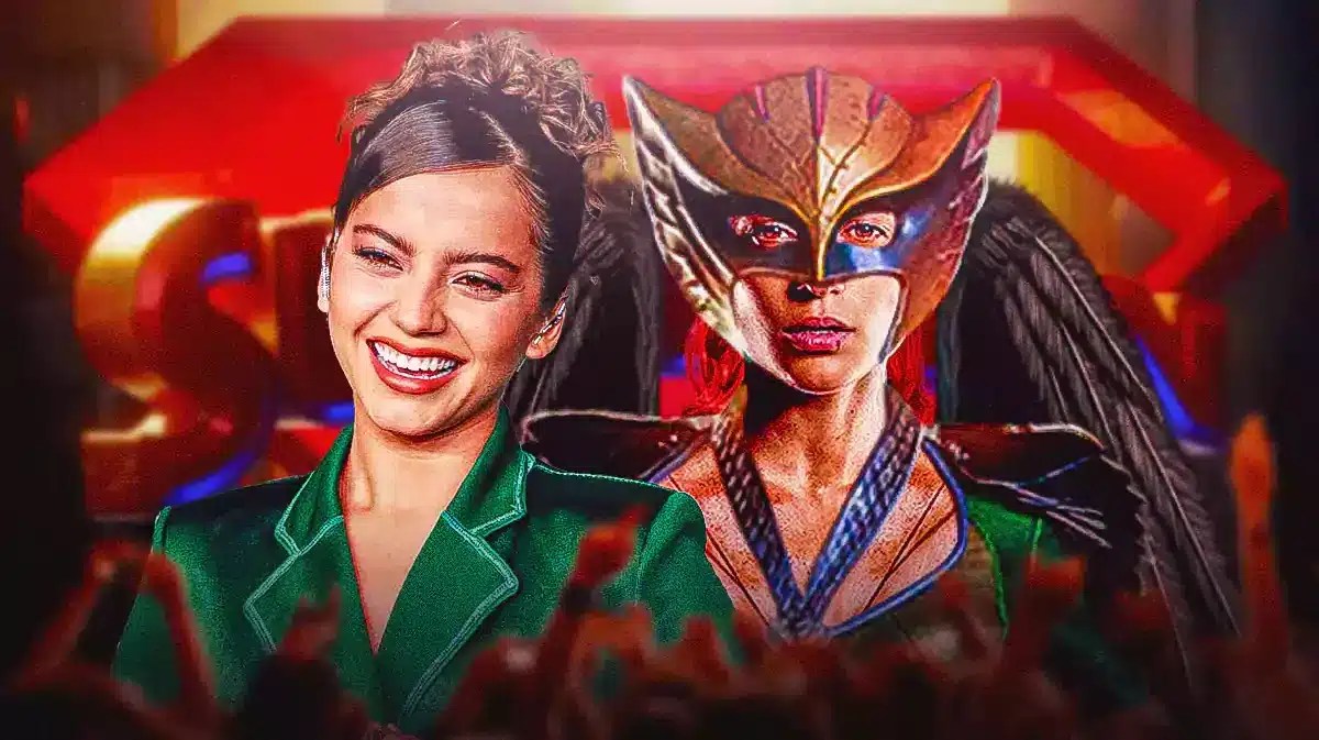 Isabela Merced next to Hawkgirl with a Superman logo in the background