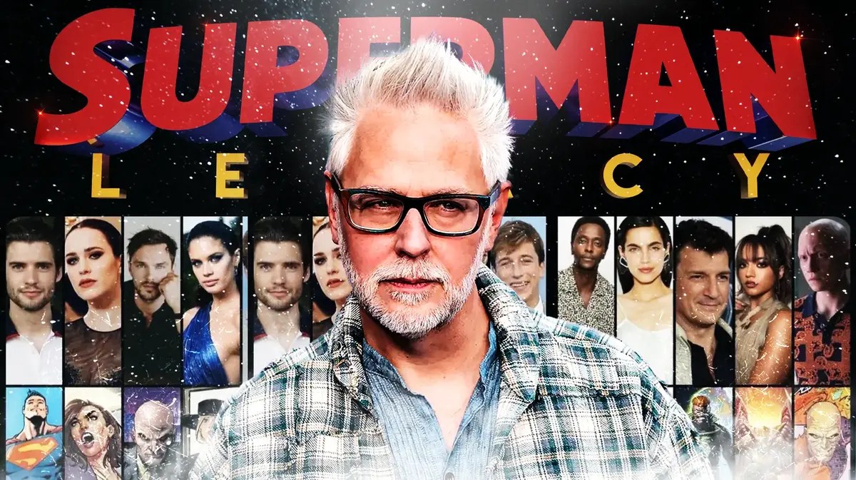 Superman: Legacy logo with James Gunn and a collage of the cast behind him