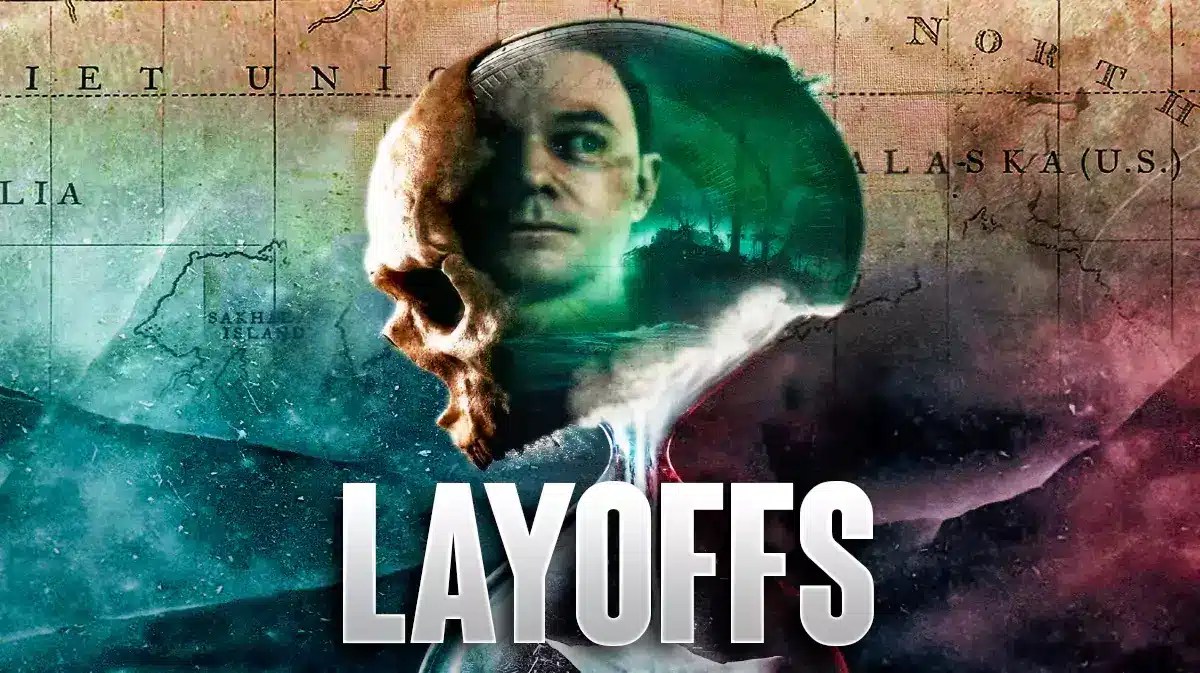 Key visual of Man of Medan showing a face reflected on a skull, with the text LAYOFFS over it