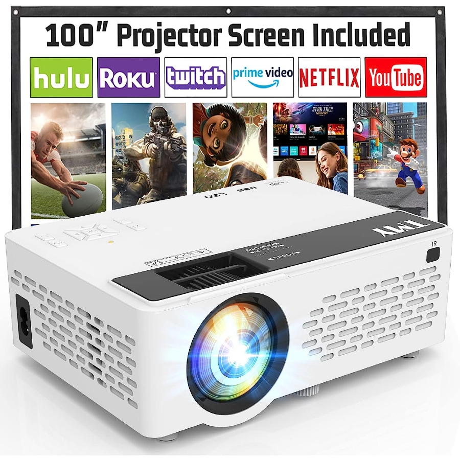 TMY Portable Mini Bluetooth Projector 100" Screen & 1080P Full HD on a white background.