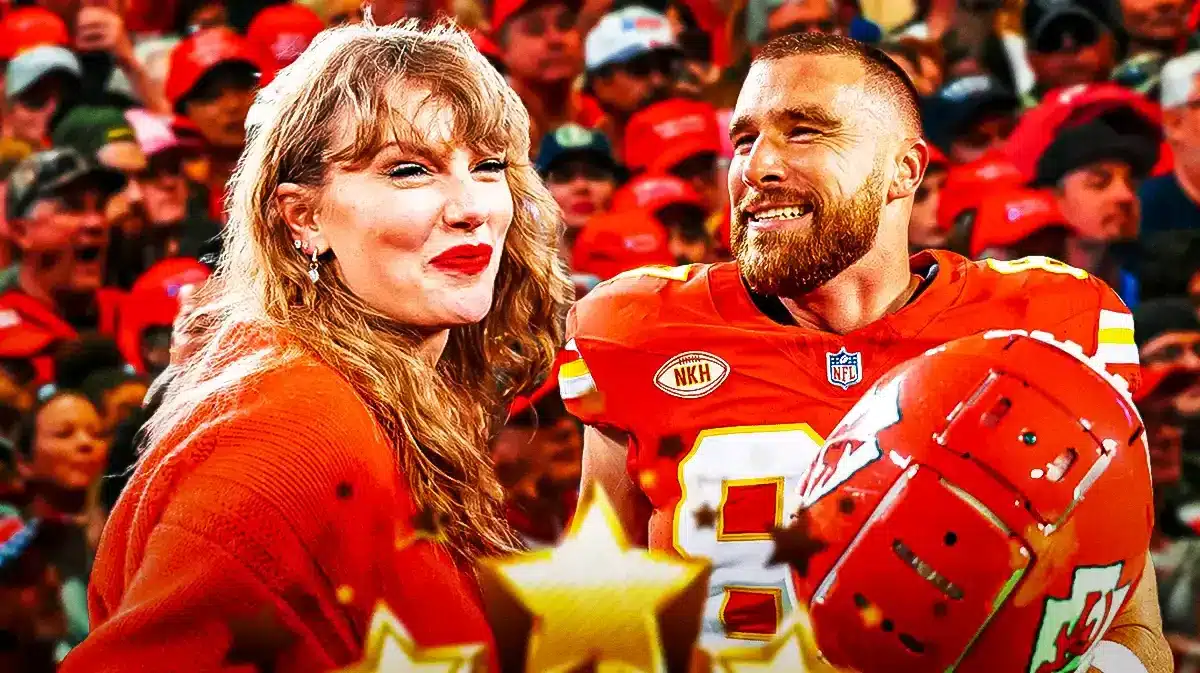 Taylor Swift and Travis Kelce, in his Chiefs jersey, in front of a crowd of MAGA supporters