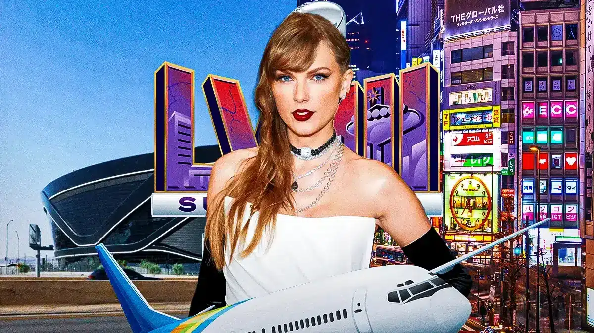 Taylor Swift in between images of Tokyo and Allegiant Stadium with the Super Bowl 58 logo in the background