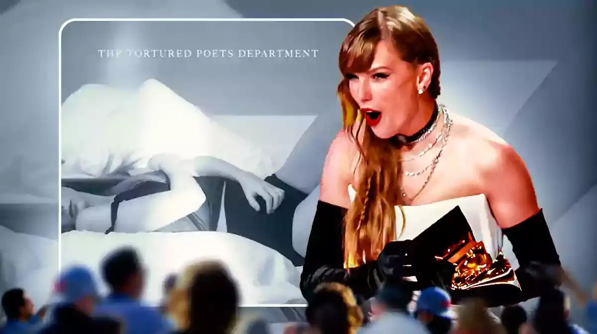 Taylor Swift with Grammys and The Tortured Poets Department album cover