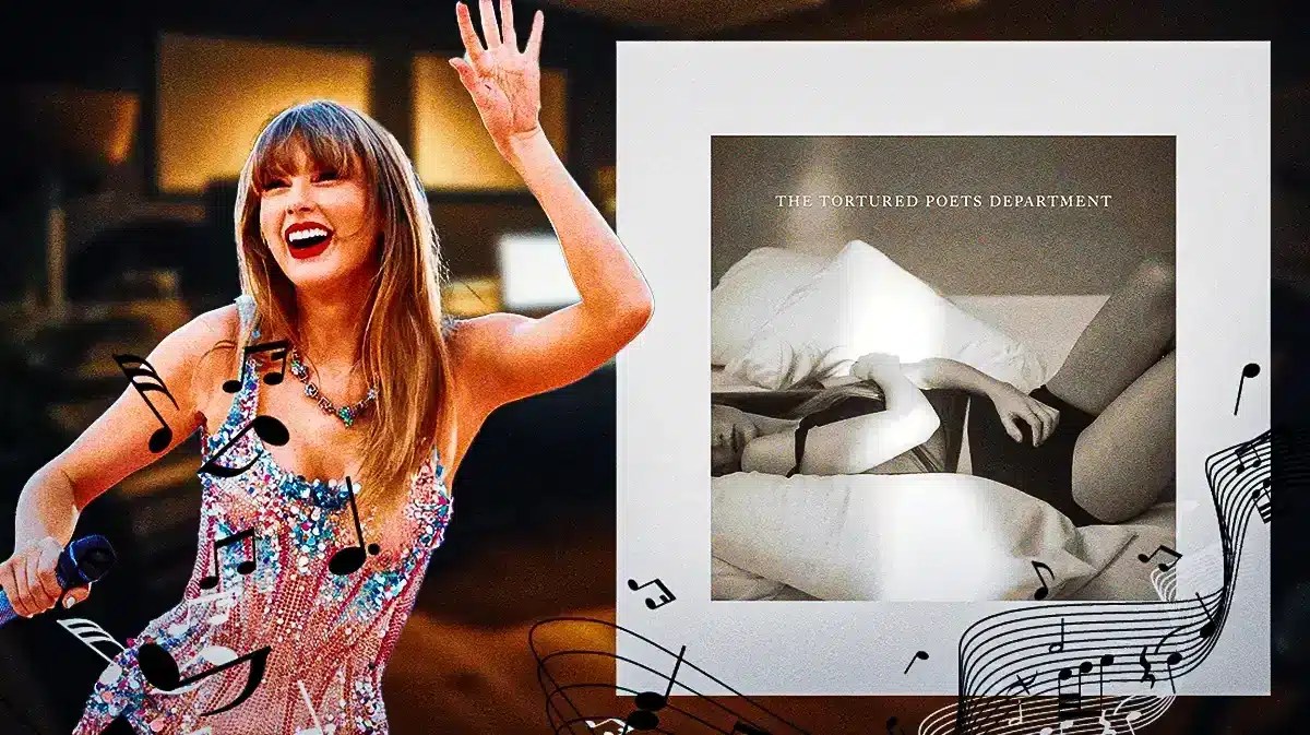 Taylor Swift with ‘The Tortured Poets Department’ cover