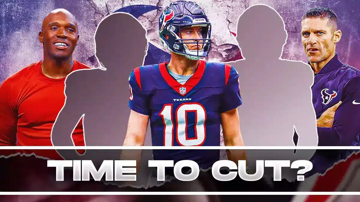 DeMeco Ryans, Nick Caserio, Davis Mills all beside each other, and Houston Texans wallpaper in the background.