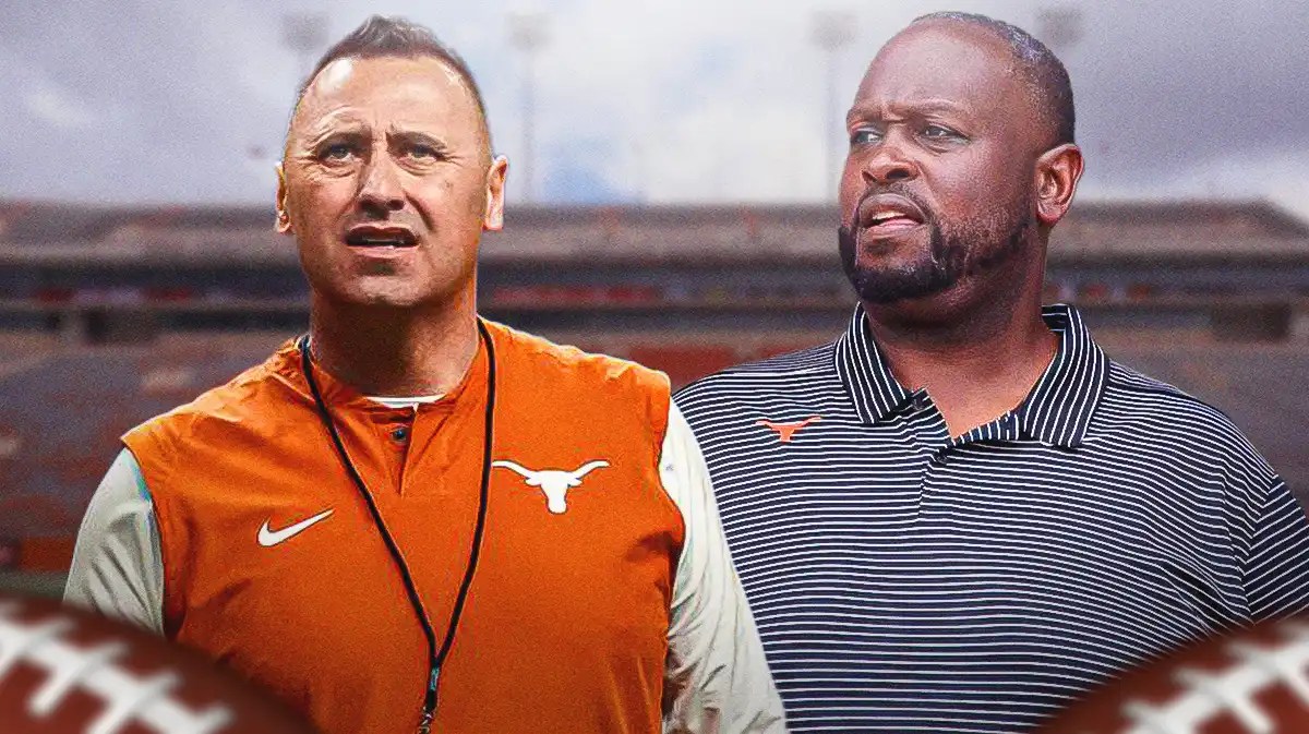 Texas football, Longhorns, Steve Sarkisian, Chris Gilbert, North Texas, Chris Gilbert and Steve Sarkisian in Texas gear with Texas football stadium in the background