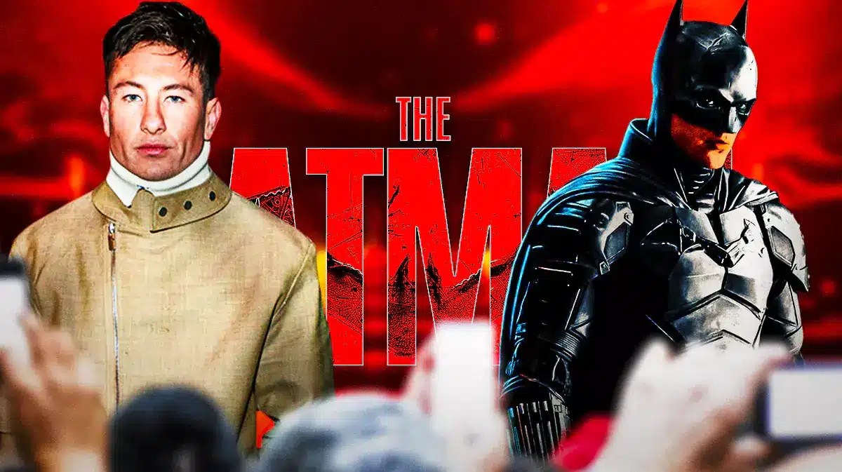 Barry Keoghan next to Robert Pattinson as Batman and The Batman logo.