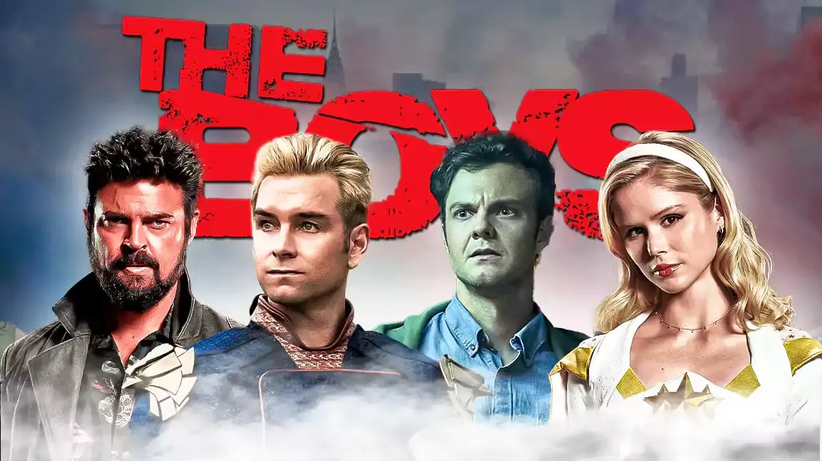 The Boys show logo with Billy Butcher, Homelander, Hughie, and Starlight