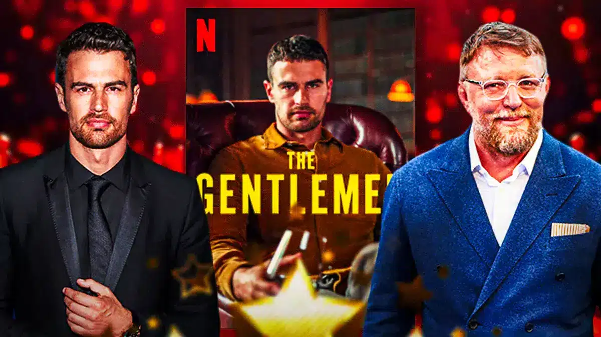 Theo James and Guy Ritchie with Netflix The Gentlemen series poster.