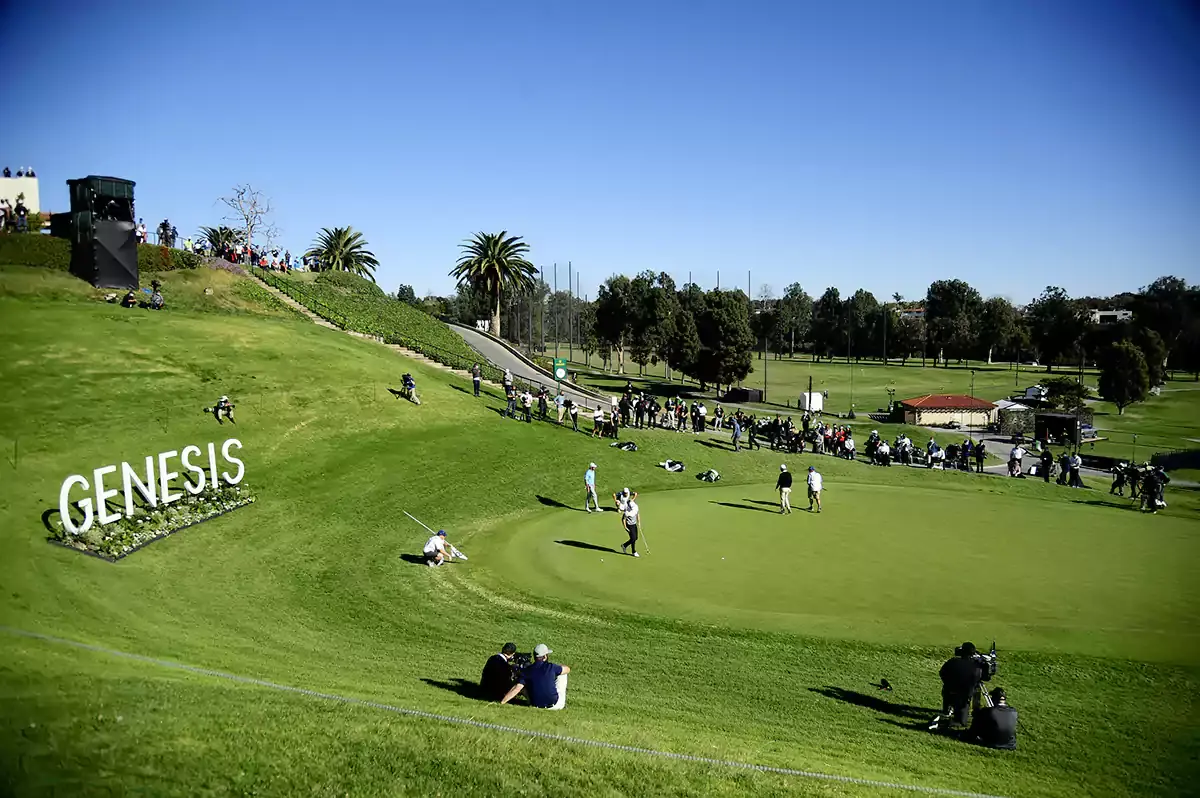 General view of the eighteenth hole green as the group of Max Homa Matt Jones and Talor Gooch play during the final round of The Genesis Invitational golf tournament at Riviera Country Club. The event is closed to the public due to the COVID-19 pandemic