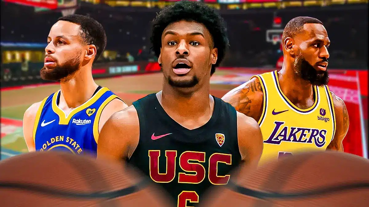 NBA, NBA All-Star weekend, NBA All-Star, NBA Dunk Contest, Dunk Contest, LeBron James, Bronny James and Steph Curry with All-Star court in the background