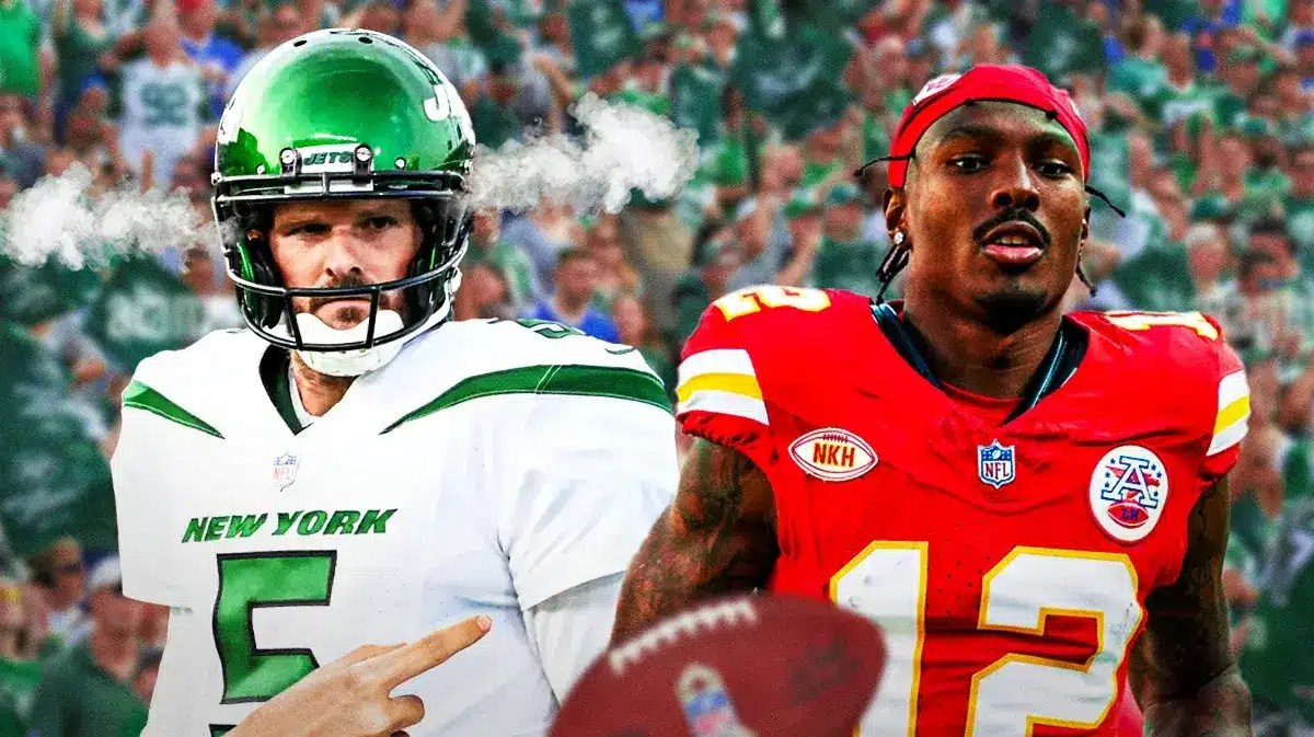 ets punter Thomas Morstead with steam coming out of his ears, pointing at Chiefs receiver Mecole Hardman