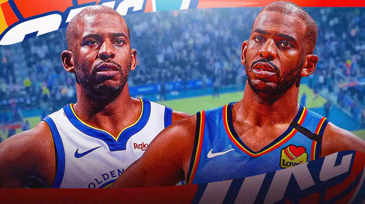 A double image of Chris Paul, one of him in his current Warriors jersey and the other of him in his old OKC Thunder jersey