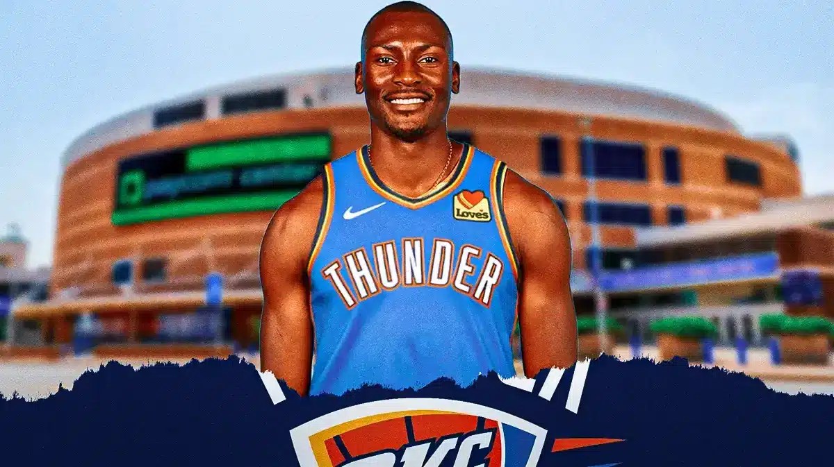 New Thunder player Bismack Biyombo, Paycom Center behind him
